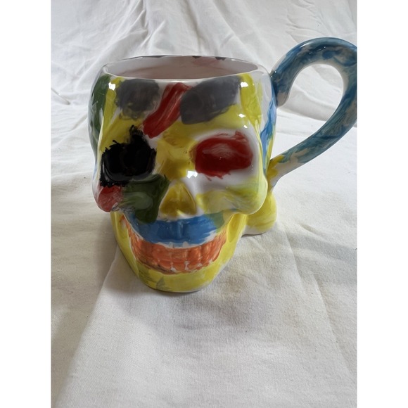The Unbranded Brand Other - Hand Painted Ceramic Skull Mug Multicolor Abstract Art Signed AC- Small Chip/Rim